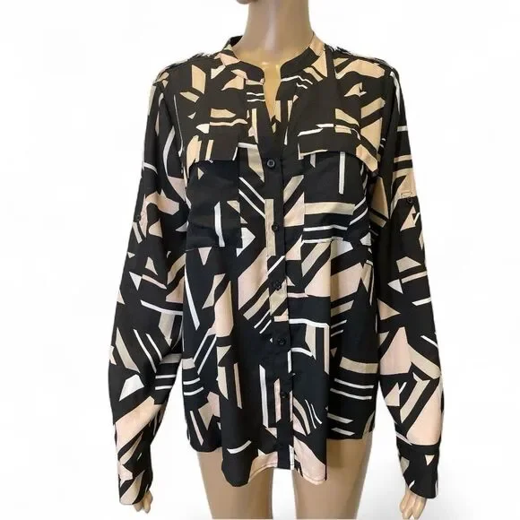 Calvin Klein Black and Cream Geometric Women's Long Sleeves Top size M - Picture 2 of 4